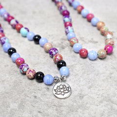 Purple Miano Real Stone Lotus Mala – serpentine strand with purple jasper and blue agate, spiritual healing