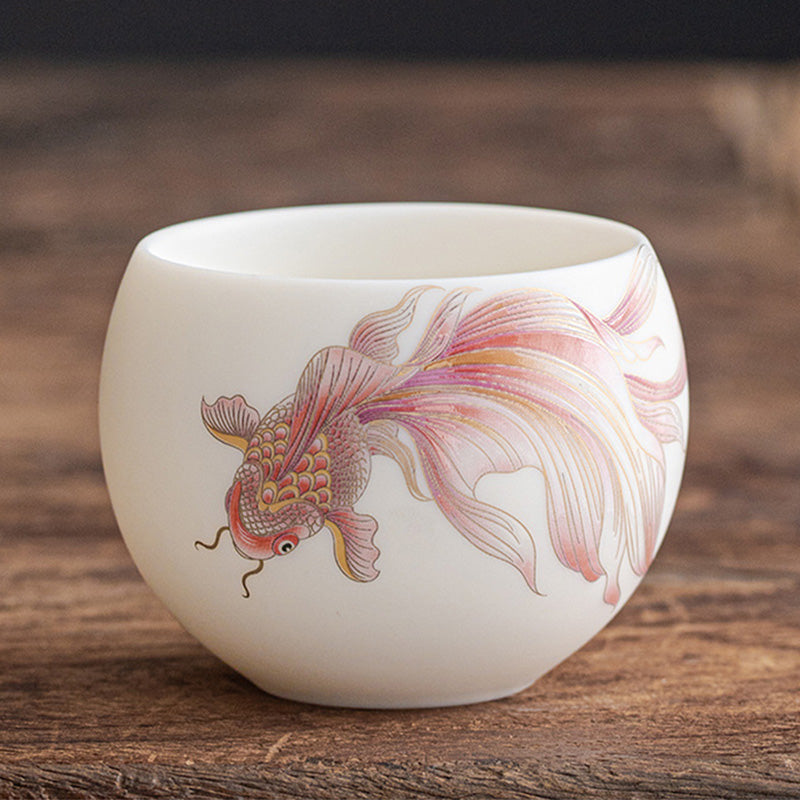 Koi Fish White Teacup - water droplets on glazed surface showing craftsmanship, glossy