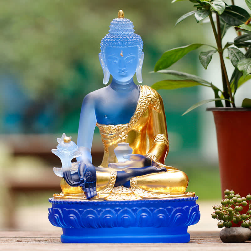 Medicine Buddha Liuli Crystal Statue Handmade Home Office Decoration – translucent amber medicine bowl, wellness art sculptur