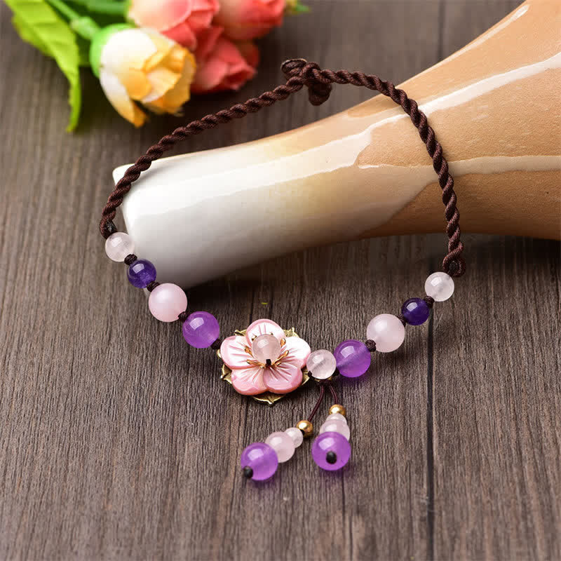 Amethyst Rose Quartz Crystal Charm Healing Anklet - Yin-yang black stone bracelet worn on wrist, gold spacers, lifestyle j...