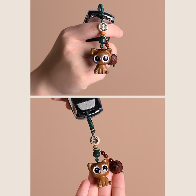 Green Sandalwood Key Chain – charm loop and ring, lucky cat koi fish attachment