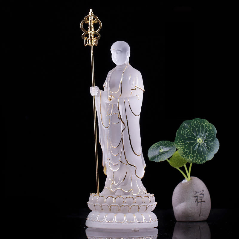 Ksitigarbha Liuli Crystal Figurine – Back view carved hair knot and robes, collector quality