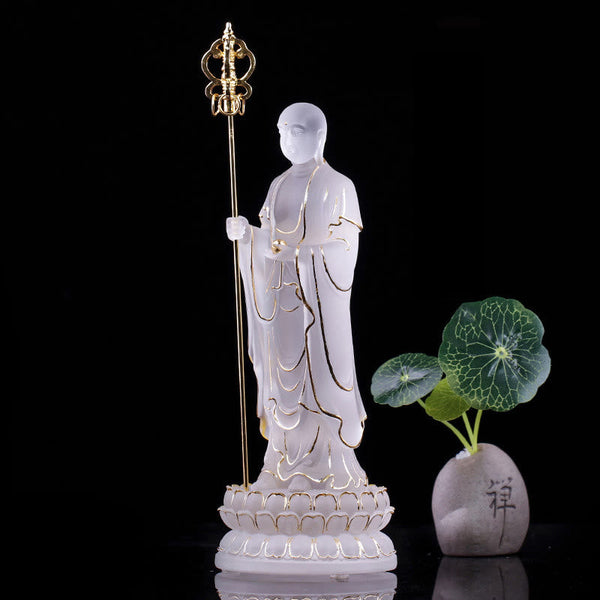 Ksitigarbha Liuli Crystal Figurine – Back view carved hair knot and robes, collector quality