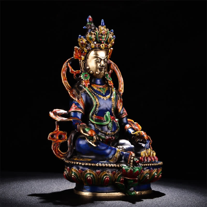 Yellow Jambhala Copper Statue – three-quarter angle crown and jewelry detail, Tibetan deity sculpture