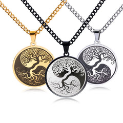 Tree of Life Titanium Steel Necklace – three color variants on white background, yin-yang connection pendant