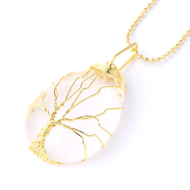 Quartz Crystal Tree of Life Necklace – rose quartz oval pendant, gold wire tree, three-quarter, love energy