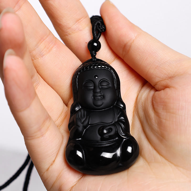 Black Obsidian Buddha Necklace - front view hanging on black cord with bead accent, size annotated studio shot, Lucky