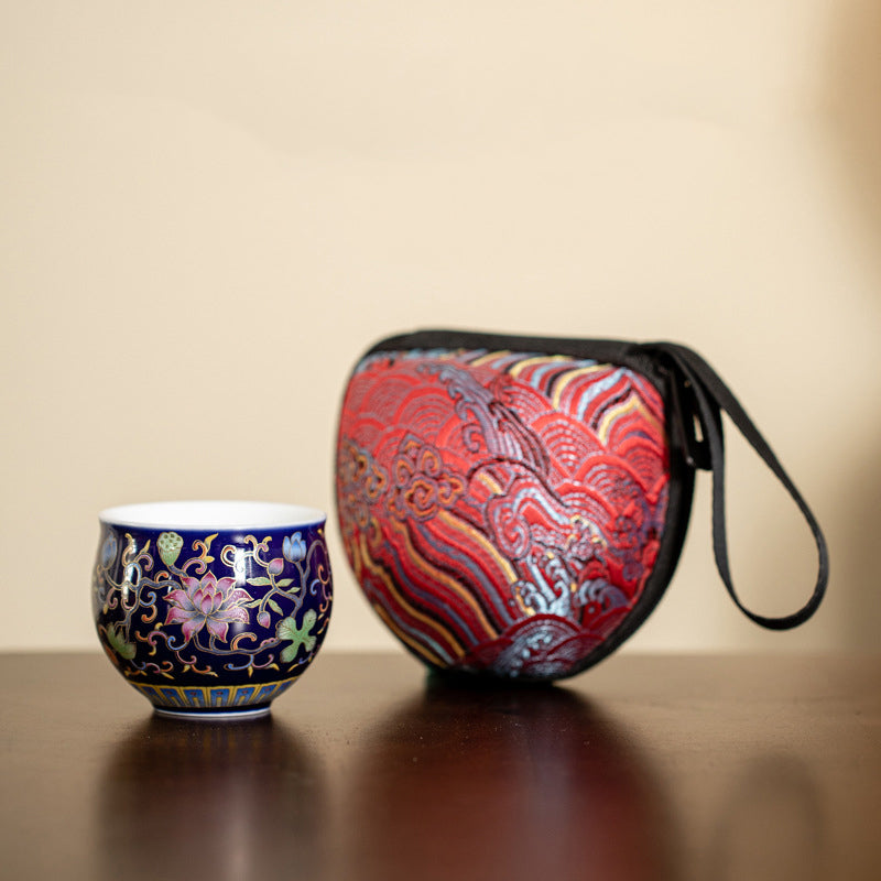 Lotus Pod Ceramic Tea Cup – cobalt blue lotus cup with embroidered red travel pouch