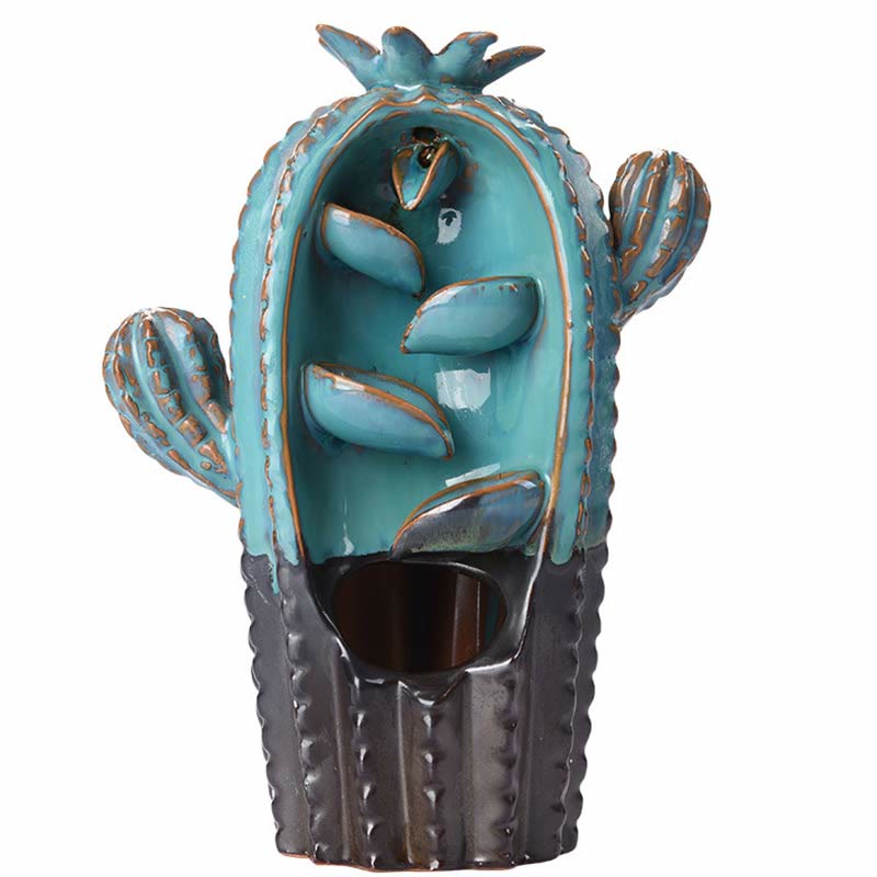 Cactus Backflow Incense Burner – turquoise and charcoal saguaro on white, ceramic incense burner