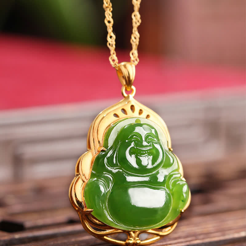 925 Silver Hetian Cyan Jade Laughing Buddha 18K Gold Necklace – side depth translucency view, Hetian nephrite carving