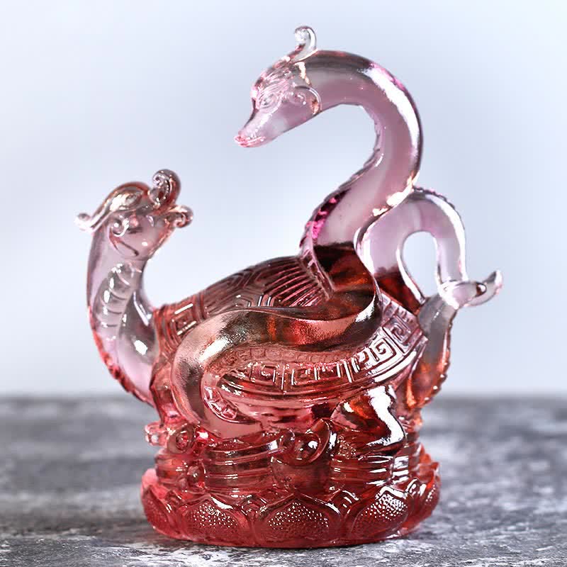 Black Tortoise Liuli Crystal - tortoise with coiled snake, rose pink glass, longevity