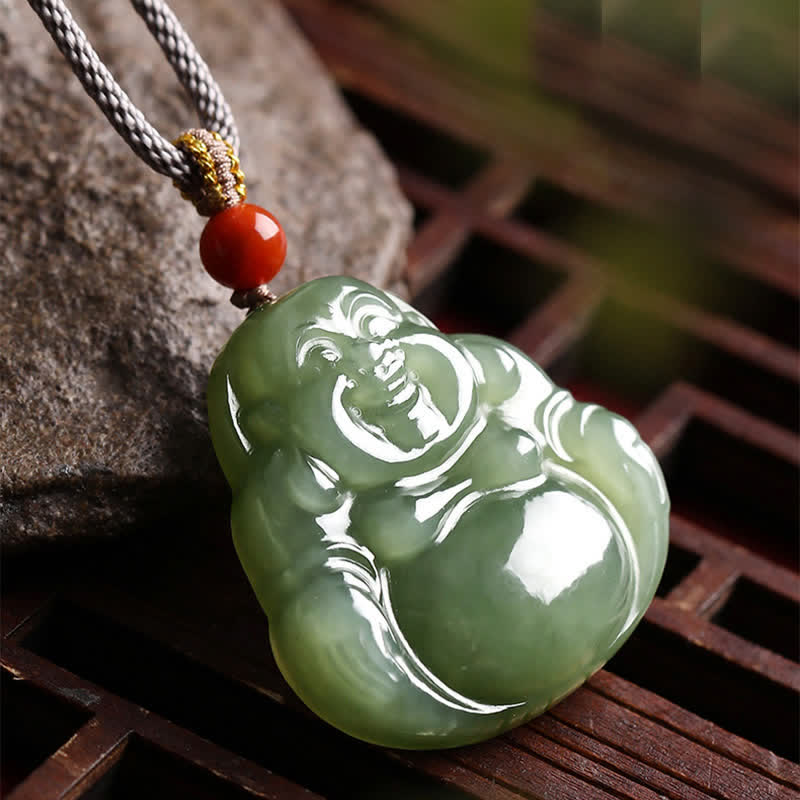Hetian Jade Laughing Buddha Abundance String Necklace Pendant – jade carving joyful expression close-up, fortune pendant