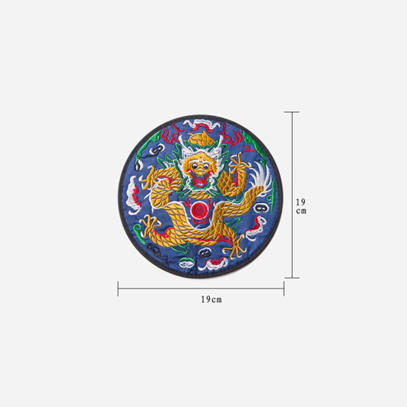 Dragon Embroidery Tea Cup Coaster Mat - royal blue frontal dragon with flaming pearl, 19cm diameter, detailed craft
