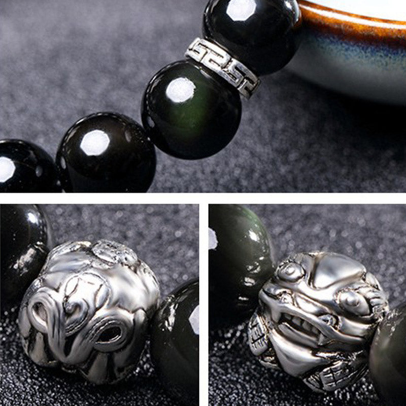 Rainbow Obsidian Bracelet – Collage of silver PiXiu bead details and patterned spacer rings