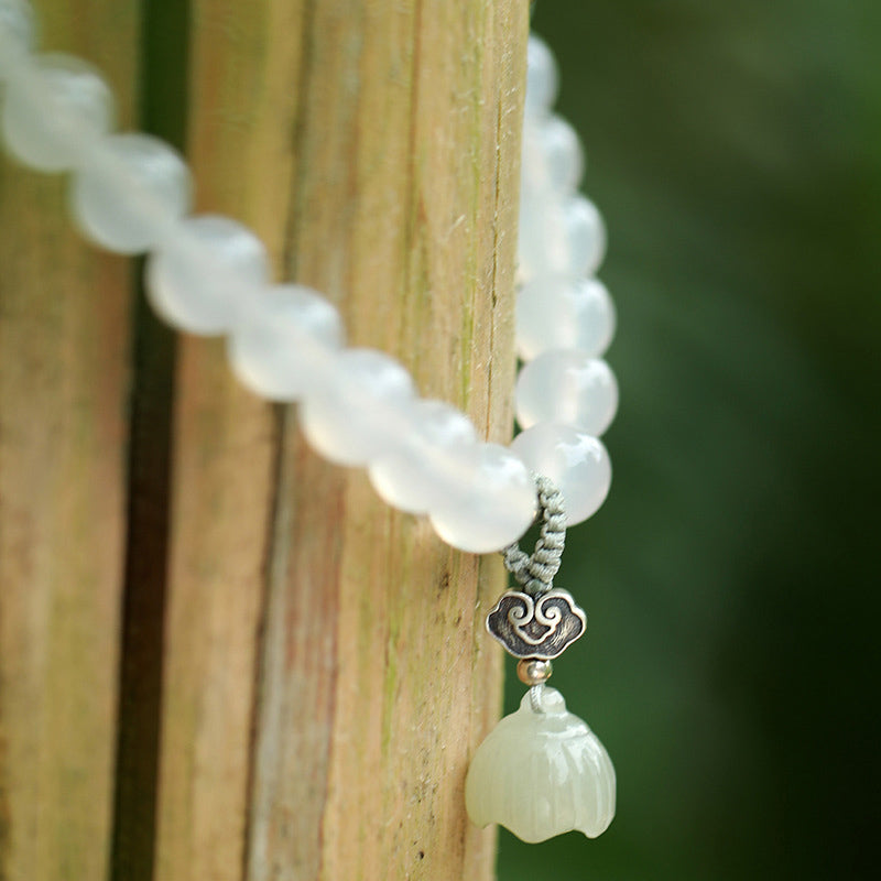 White Agate Jade Lotus Bracelet - Beads with silver cloud connector and carved jade bell pendant on bamboo, artisan jewelry