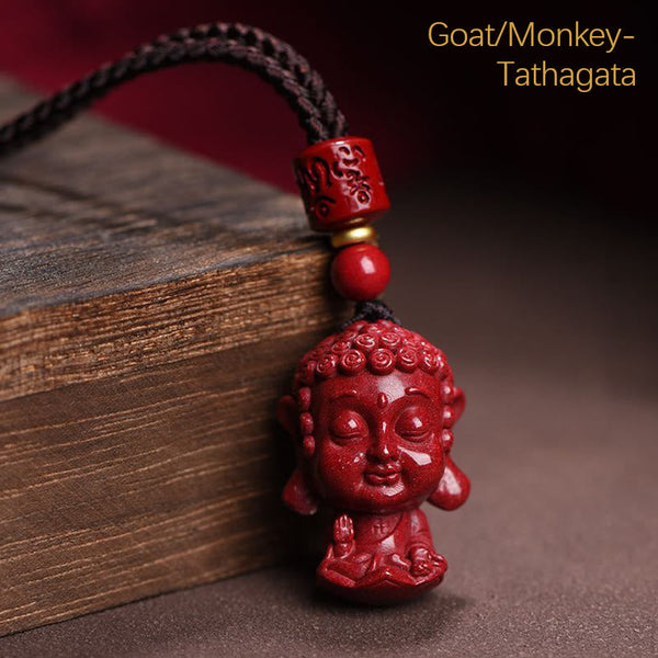 Chinese Zodiac Cinnabar Pendant – Goat and Monkey zodiac Tathagata carving, guardian amulet