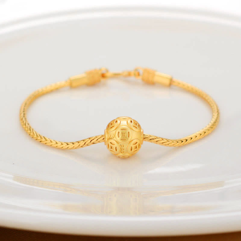 18K Gold Om Mani Padme Hum Koi Fish Bracelet – gold bracelet with pierced openwork geometric bead, filigree cut-out design, white ceramic