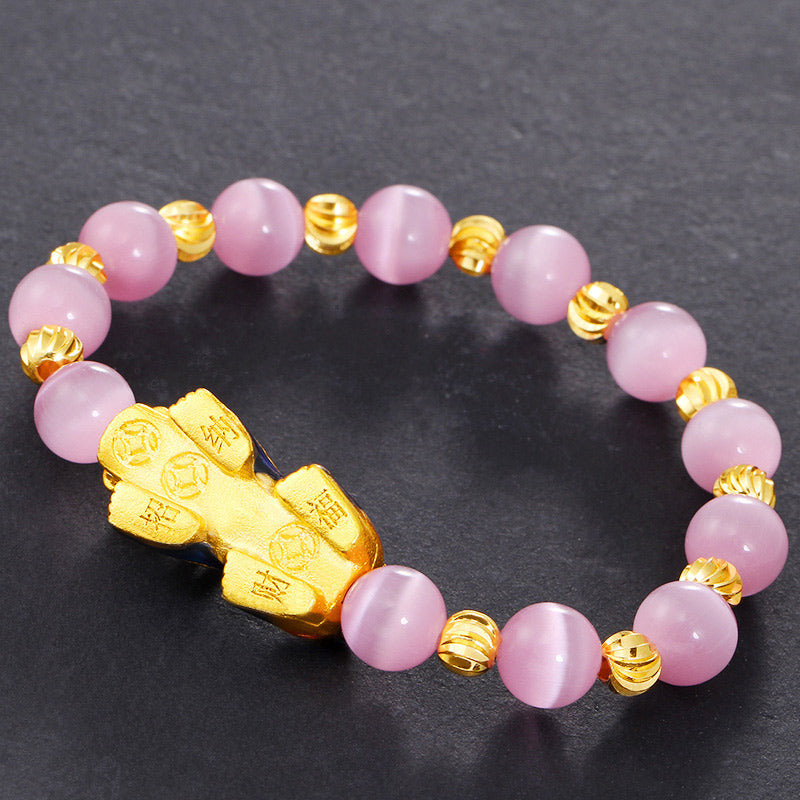 Pixiu Cat Eye Chrysoberyl Lucky Bracelet – back view showing engraved gold pi xiu and pink beads, good luck accessory
