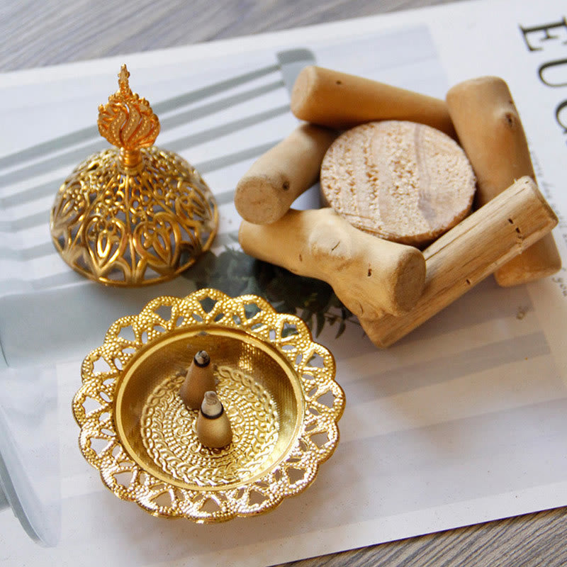 Gold Alloy Mini Incense Burner – scalloped base plate with cone incense on botanical paper, gold incense burner set
