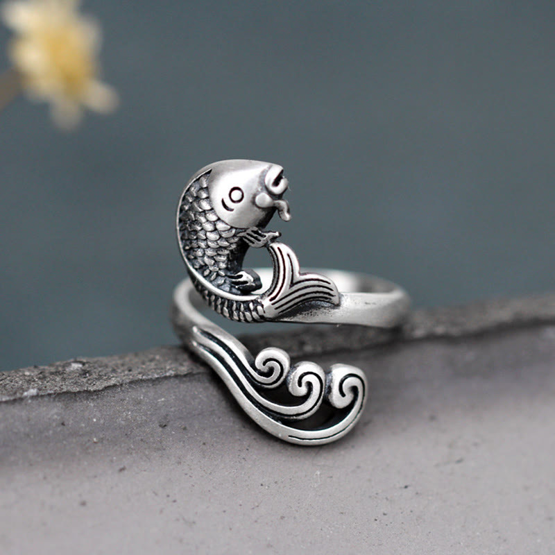 925 Sterling Silver Koi Ring – worn on finger with hand holding red envelope, water ripple silver band, Chinese wealth