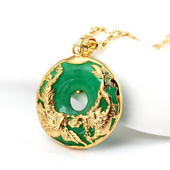 Cyan Jade Dragon Phoenix Necklace – Gold phoenix-framed green jade bi disc, Harmony