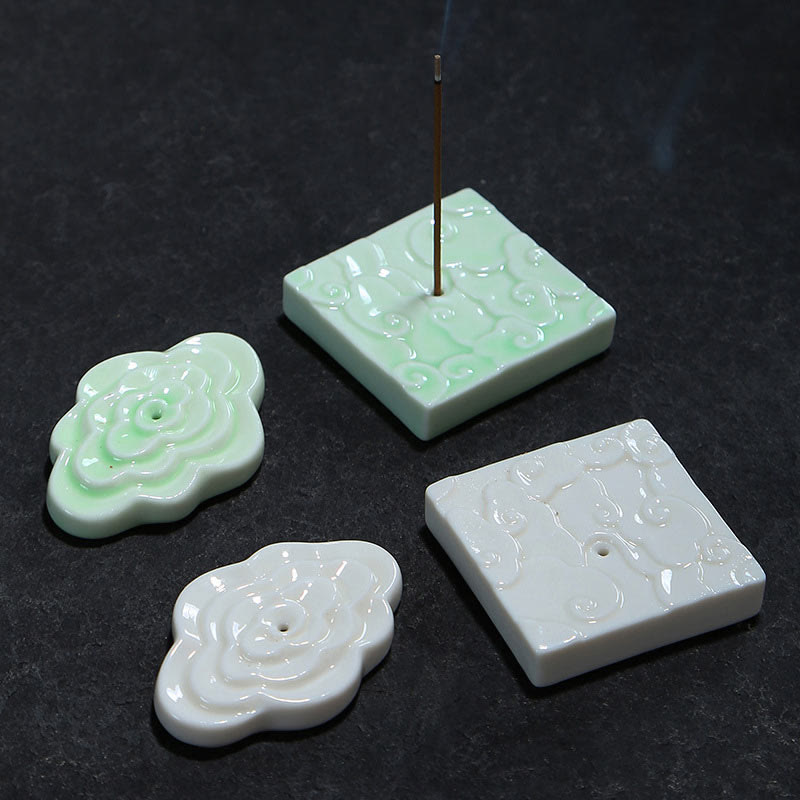 Mini Auspicious Clouds Ceramic Incense Burner – set of four green and white holders in square and ruyi shapes, ceramic incense holder