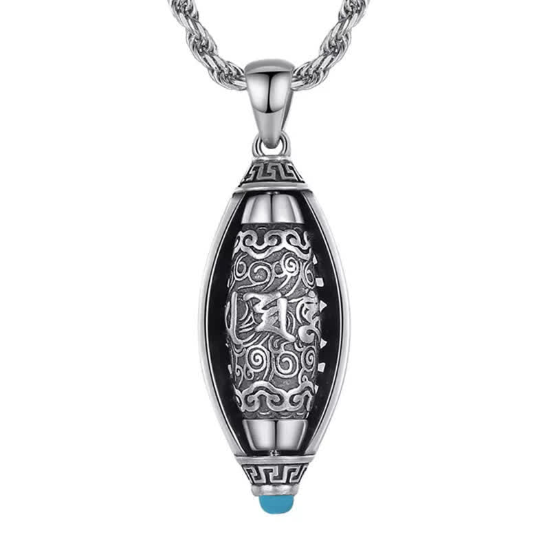 Tibetan Om Mani Padme Hum Pendant Necklace – front view of engraved mantra barrel with Greek key bands, silver pendant