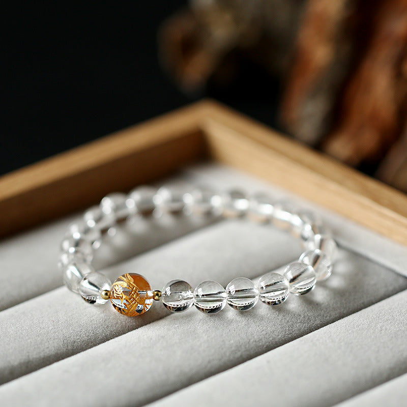 Black Obsidian White Crystal Onyx Dragon Bracelet - Clear quartz beads with engraved gold bead in wooden box, Luck