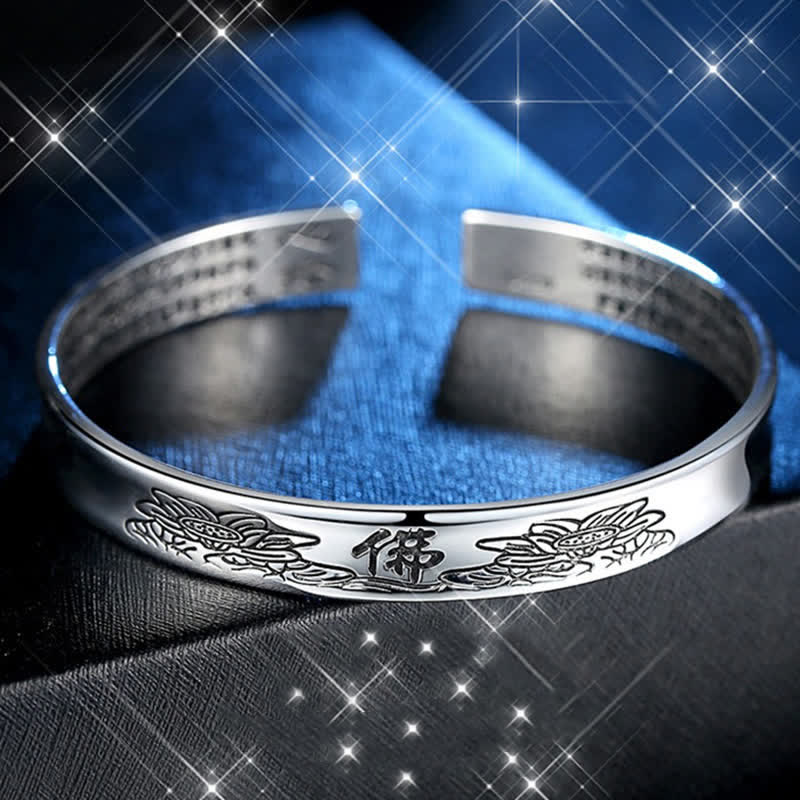 Heart Sutra Lotus Copper Cuff Bracelet - silver lotus Buddha cuff on blue velvet, Enlightening energy