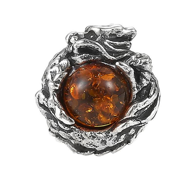 925 Sterling Silver Amber Dragon Earring – front view with cognac amber cabochon in dragon claw setting, Statement