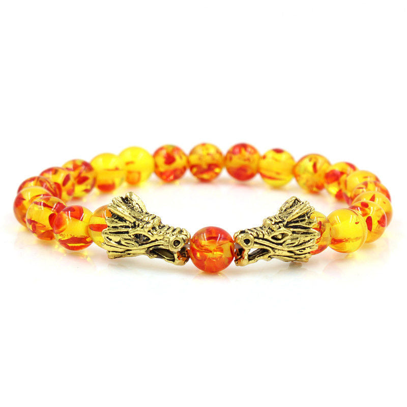 White Turquoise Lava Rock Dragon Bracelet – Amber resin beads gold dragon head clasp warm glow, Energy