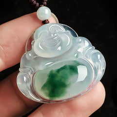 Cyan Jade Buddha Luck Necklace Pendant – hand-held closeup revealing green veining and polished texture, detail