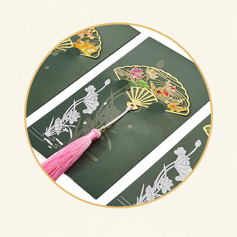 Brass Hollow Fan Bookmark - Lotus koi design on green floral panel in gold frame, gifted