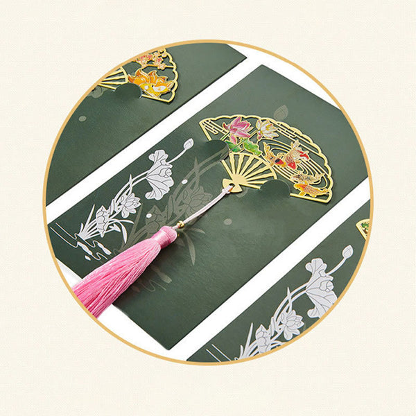 Brass Hollow Fan Bookmark - Lotus koi design on green floral panel in gold frame, gifted