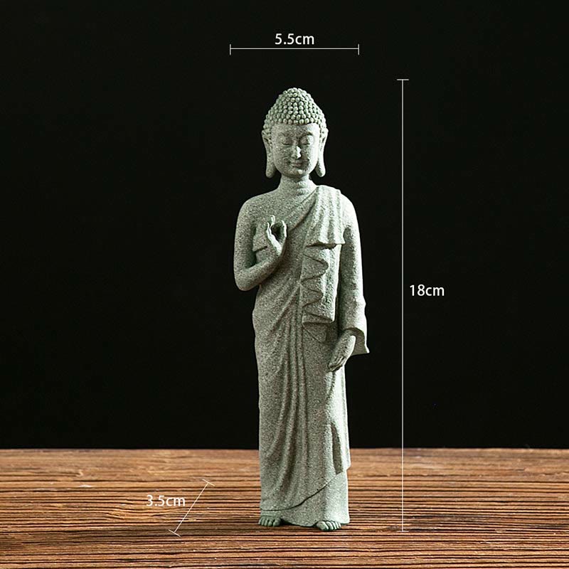 Green Sandstone Buddha Statue – Standing Buddha with vitarka mudra and size guide