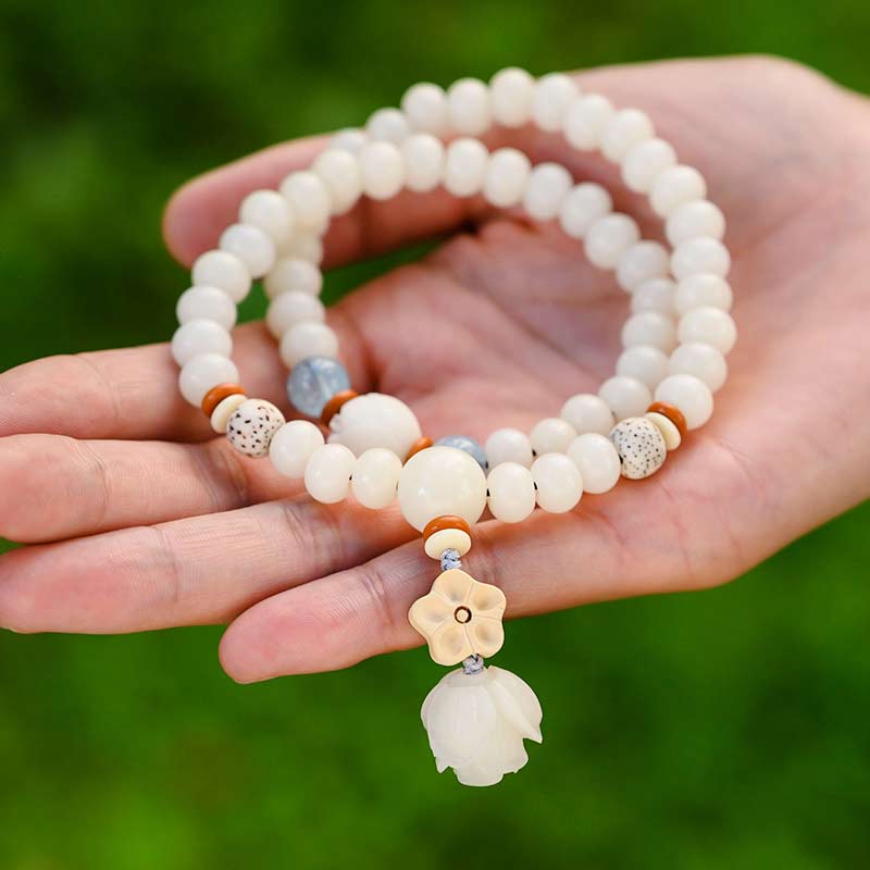 Tibetan White Jade Bodhi Lotus Blessing Bracelet | Enlightenment