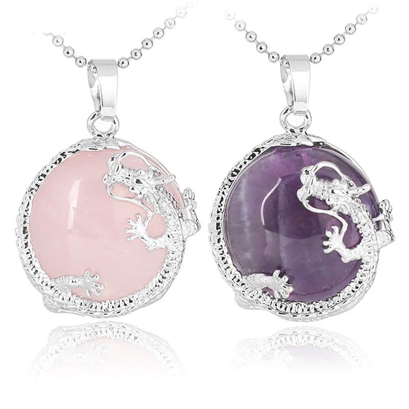 Dragon Multi-Stone Crystal Healing Pendant – Rose quartz and amethyst dragon pair on white, harmonious