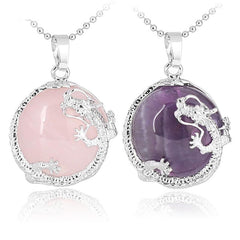 Dragon Multi-Stone Crystal Healing Pendant – Rose quartz and amethyst dragon pair on white, harmonious