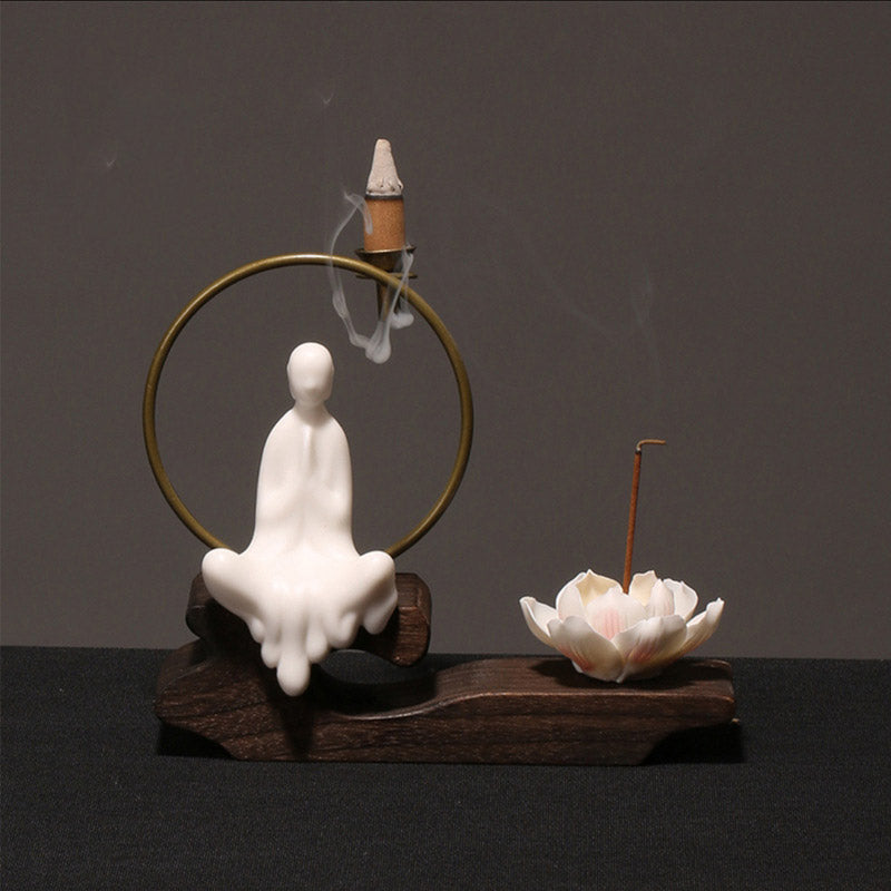 Ceramic Lotus Incense Burner – white sage on brass halo, lotus cup, smoke trail, serenity