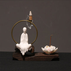 Ceramic Lotus Incense Burner – white sage on brass halo, lotus cup, smoke trail, serenity