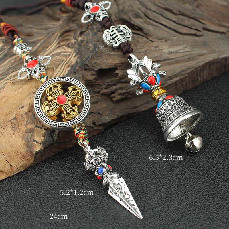 Tibetan Vajra Dorje Car Hanging – Vajra bell, dorje, and medallion set with cords, Buddhist ritual set