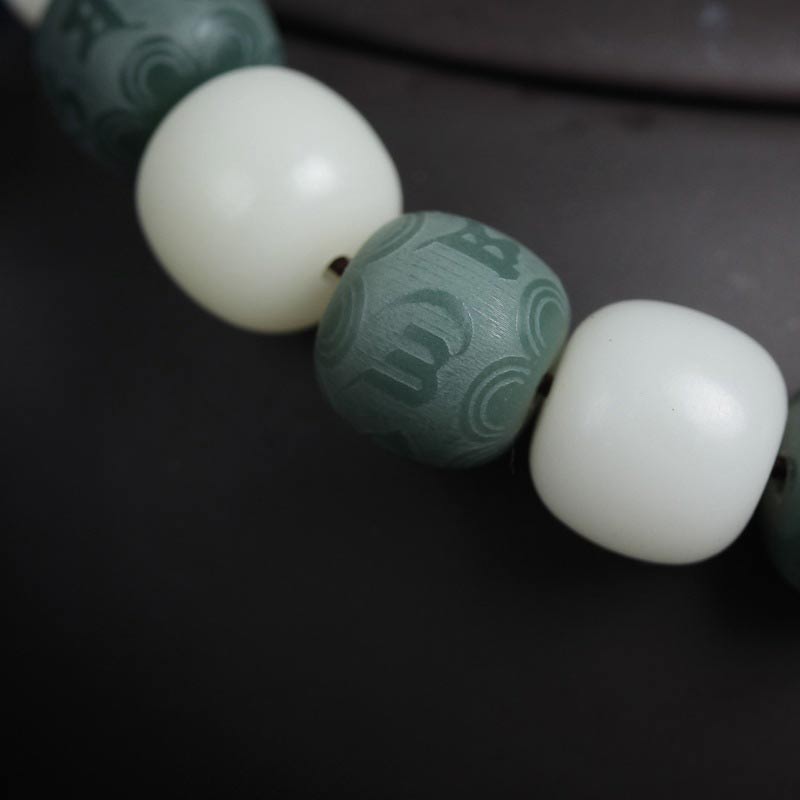 White Bodhi Seed Om Mani Padme Hum Bracelet – Macro carved Sanskrit on green bodhi bead, mantra jewelry