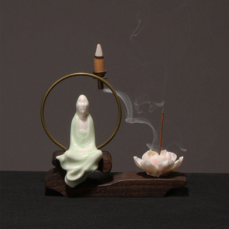 Ceramic Lotus Incense Burner – celadon pensive, drip-robe design, smoke to lotus, glossy, serene