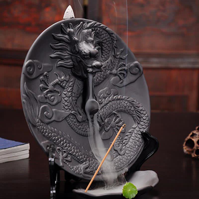 Dragon Ceramic Burner with smoke flow, dark charcoal disc, stick incense burning, meditation accessory