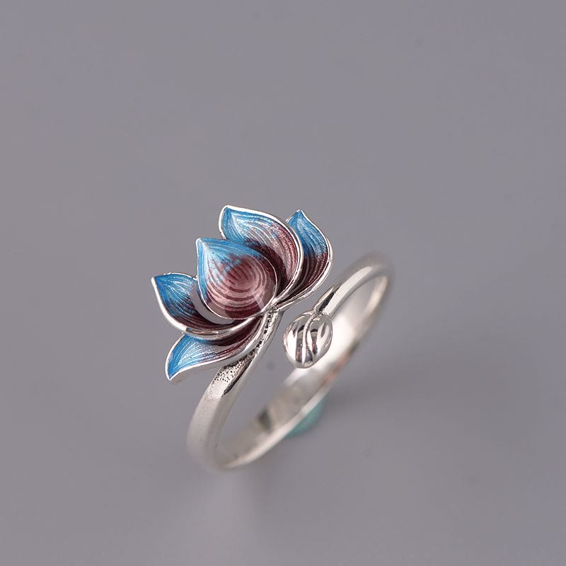 925 Sterling Silver Lotus Ring - Blue-red gradient enamel flower with small bud detail, silver ring