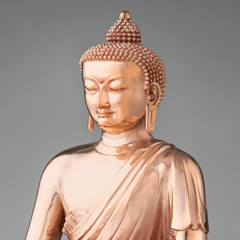 Shakyamuni Copper Statue – ushnisha crown protuberance with spiral detail, traditional Buddha anatomy