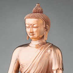 Shakyamuni Copper Statue – ushnisha crown protuberance with spiral detail, traditional Buddha anatomy