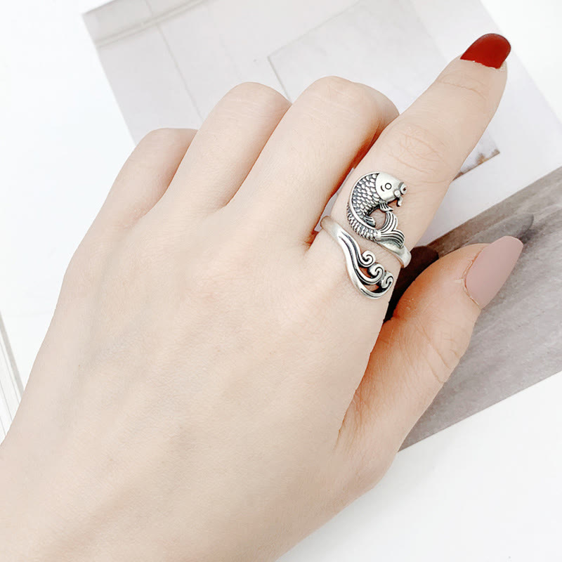 925 Sterling Silver Koi Ring – studio shot of ring box with koi water ripple silver ring inside, lucky gift jewelry
