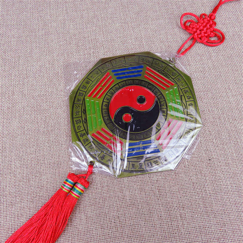 Feng Shui Bagua Map Mirror - Bagua mirror amulet with yin-yang, trigrams, red silk tassel and Chinese knot in clear packagin.