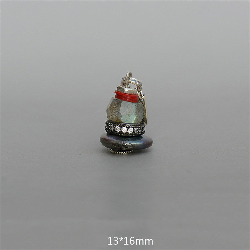 Zen Cairn Crystal Pendant – labradorite crystal ring pearl disc stacked pendant, 13x16mm zen charm